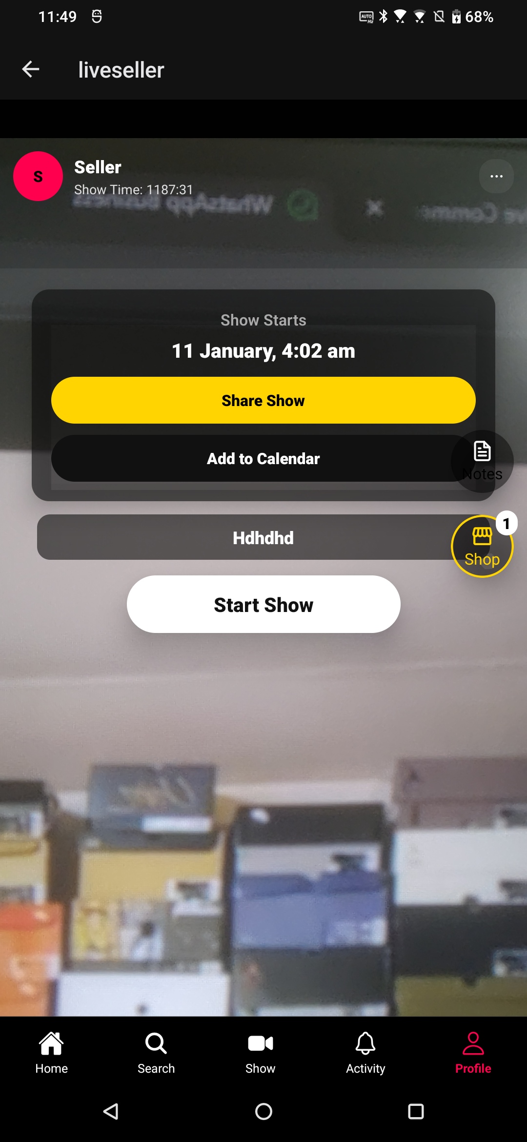 Modern mobile phone mockup showing live shopping app interface with vibrant pink purple teal gradient theme, live video stream, bidding interface, floating on dark background
